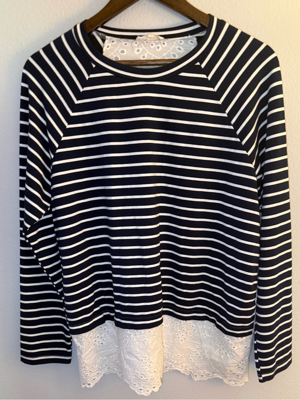 Navy & White Striped Pullover with Eyelet Lace Hem